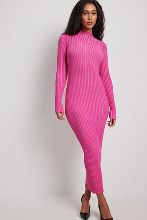 Pink Two Color Rib Knitted Turtle Neck Dress