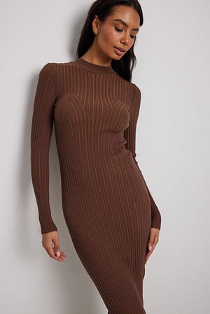 Brown Two Color Rib Knitted Turtle Neck Dress