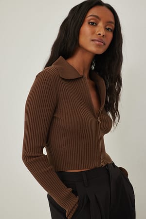 Brown Kraftig strikket sweater med tovejslynlås