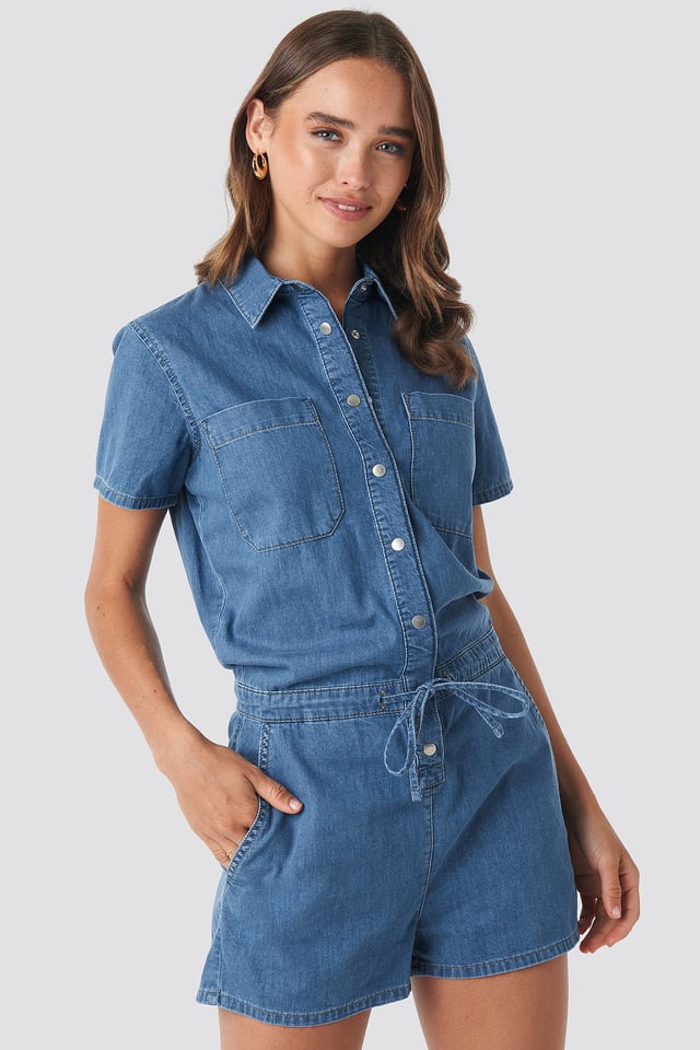 Utility Denim Playsuit Mid Blue
