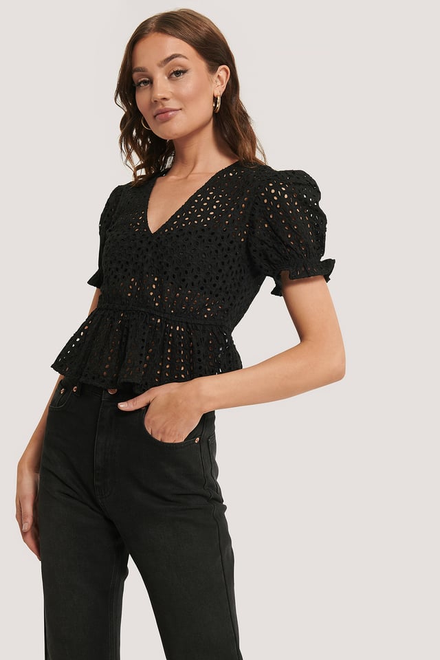 V-Neck Anglaise Peplum Top Black