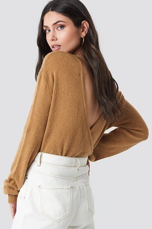 Tan V-Neck Back Overlap Knitted Sweater