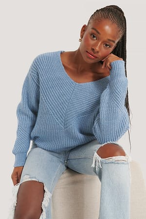Blue NA-KD V-Neck Detailed Knitted Sweater