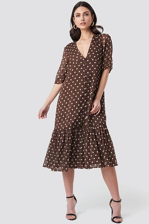 Brown Dots V-Neck Puff Sleeve Chiffon Dress