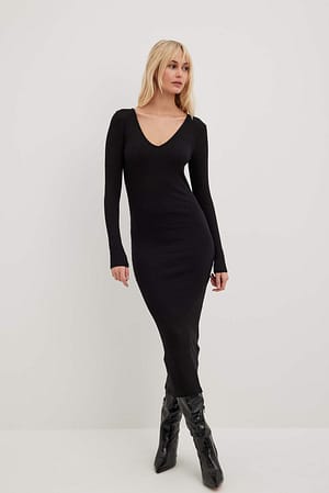Black V-Neck Ribbed Midi Dress