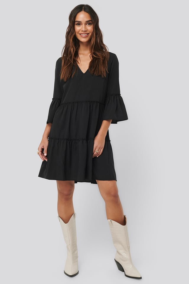 V neck Ruffle Dress Black