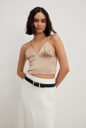 Taupe V-neck Cup Satin Top