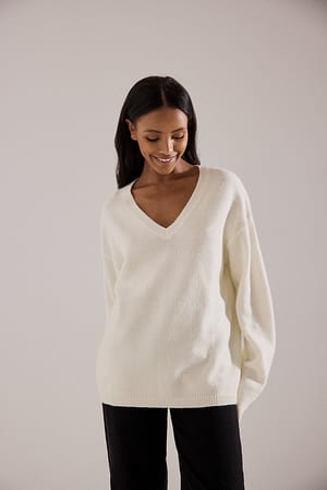 White V-Neck Knitted Sweater