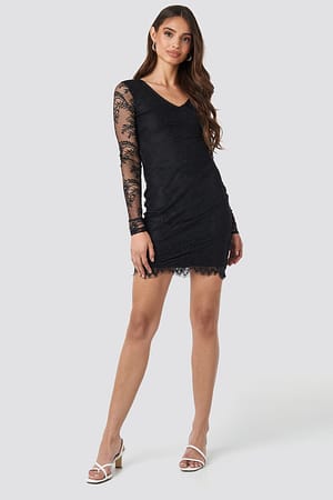 Black NA-KD Party V-Neck Long Sleeve Lace Dress