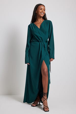 Green V-neck Overlap Maxi Dress
