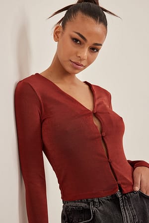 Rust V-Neck Shiny Button Detail Top