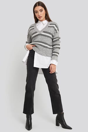 Grey V-neck Striped Knitted Sweater