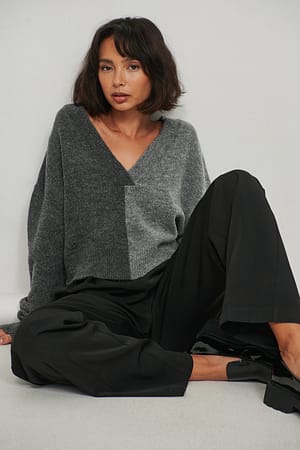 Grey V-necked Knitted Block Colour Sweater