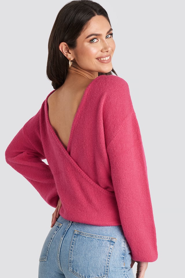 V-Neck Back Overlap Knitted Sweater Fuchsia
