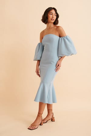 Blue Volume Sleeves Midi Dress