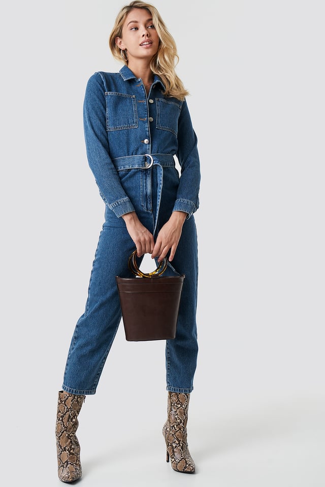 Waist Belt Denim Jumpsuit Blue