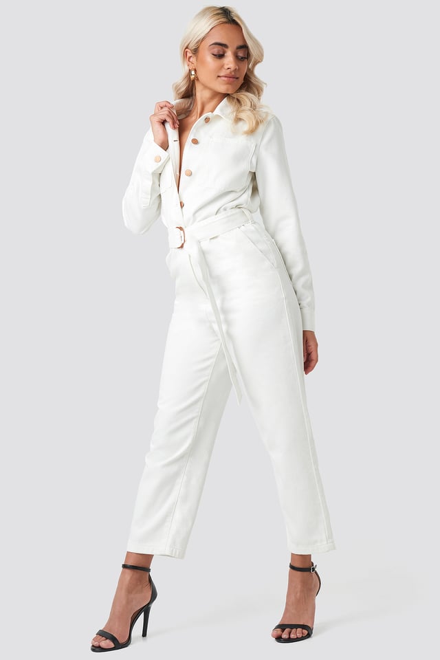 Waist Belt Denim Jumpsuit Beige