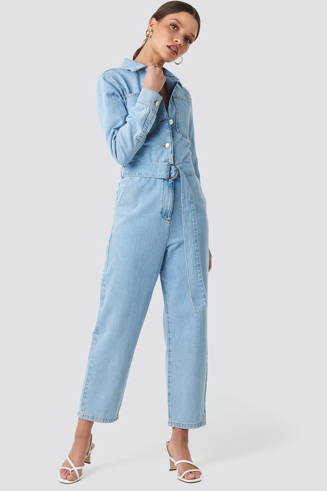 Waist Belt Denim Jumpsuit Light Blue Wash