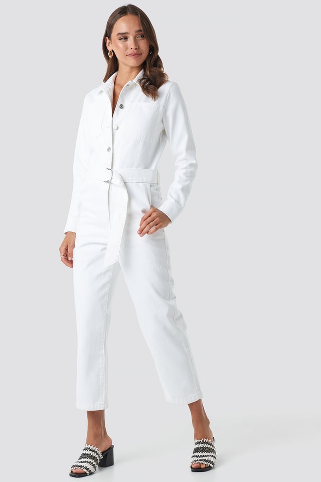 Waist Belt Denim Jumpsuit White