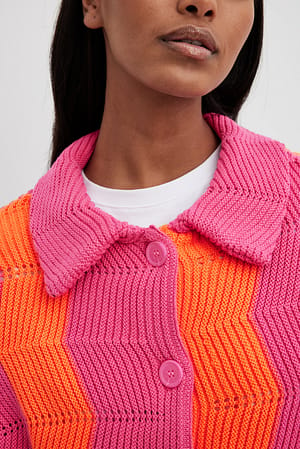 Pink/Orange Strikket cardigan med krave og bølgedesign