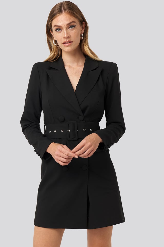 Wide Belt Blazer Dress Black