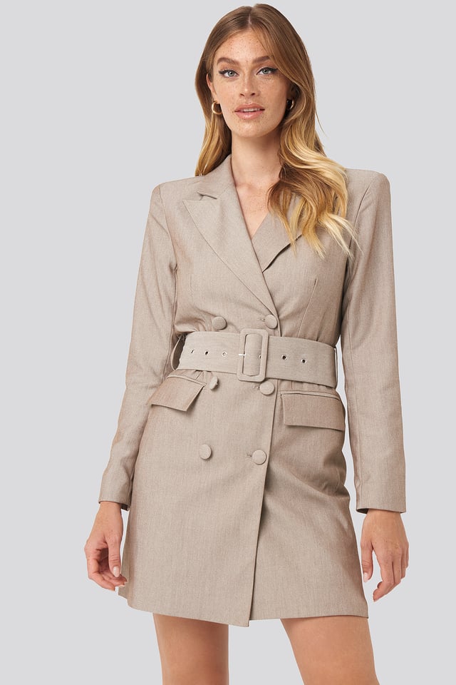Wide Belt Blazer Dress Light Brown