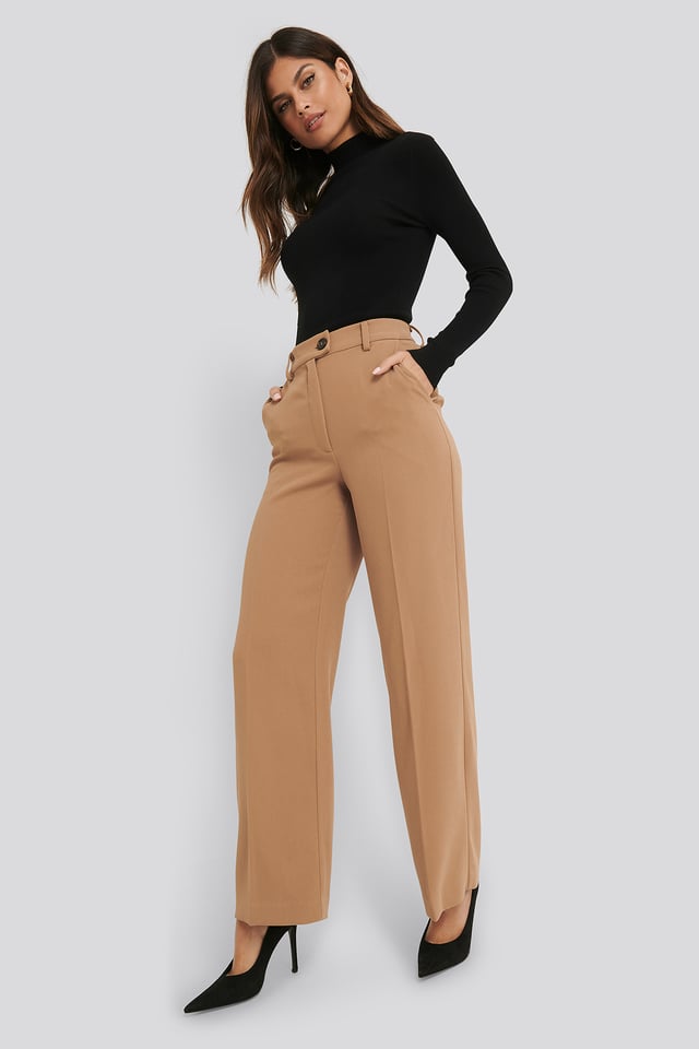 Wide Leg Button Pants Beige