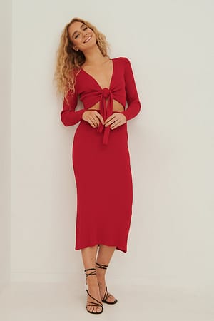 Red Wide Rib Knitted Midi Skirt
