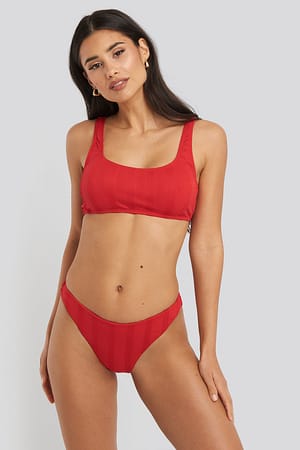 Red Wide Ribbed Highcut Bikini Briefs