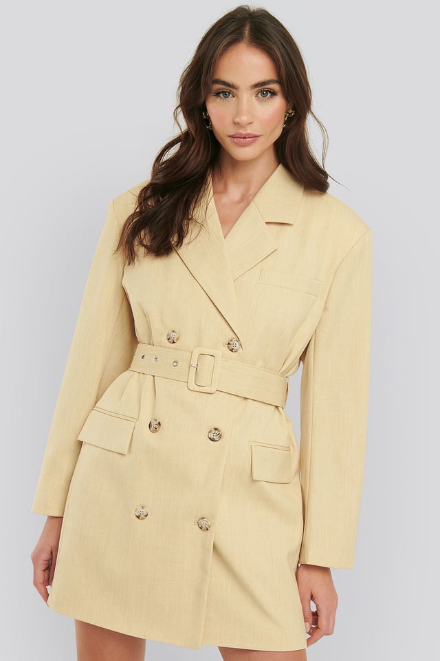 Wide Shoulder Belted Blazer Dress Dusty Light Yellow