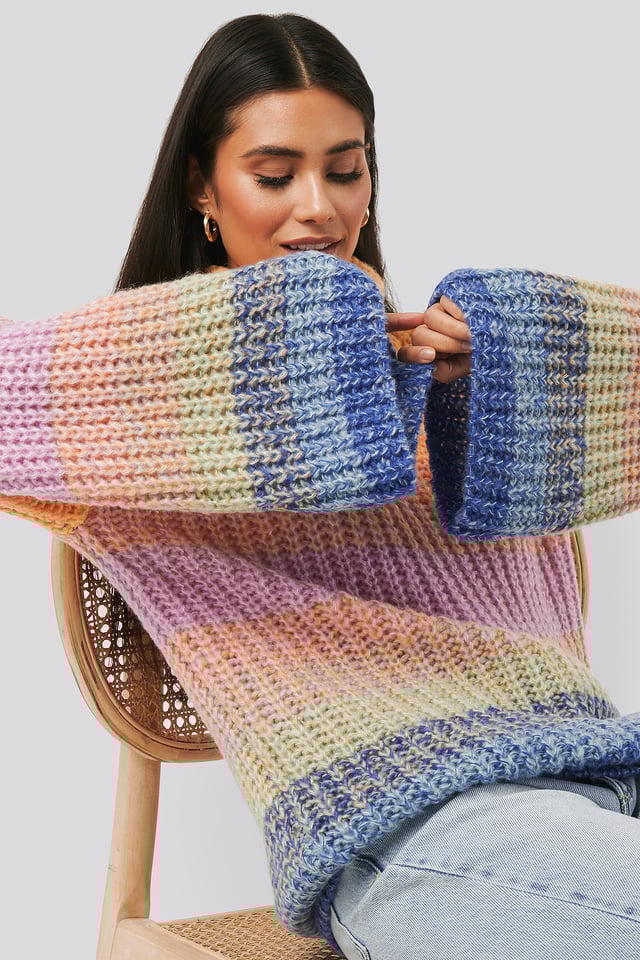 Wide Sleeve Cable Knitted Sweater Dark Mix Color