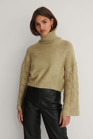 Green Wide Sleeve High Neck Knitted Sweater