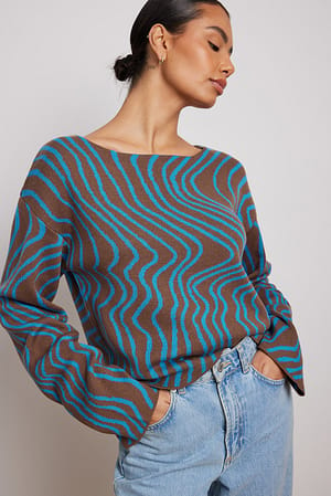 Brown/Blue Wide Sleeve Knitted Top