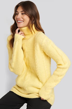 Yellow Wool Blend Cable Knitted Sweater