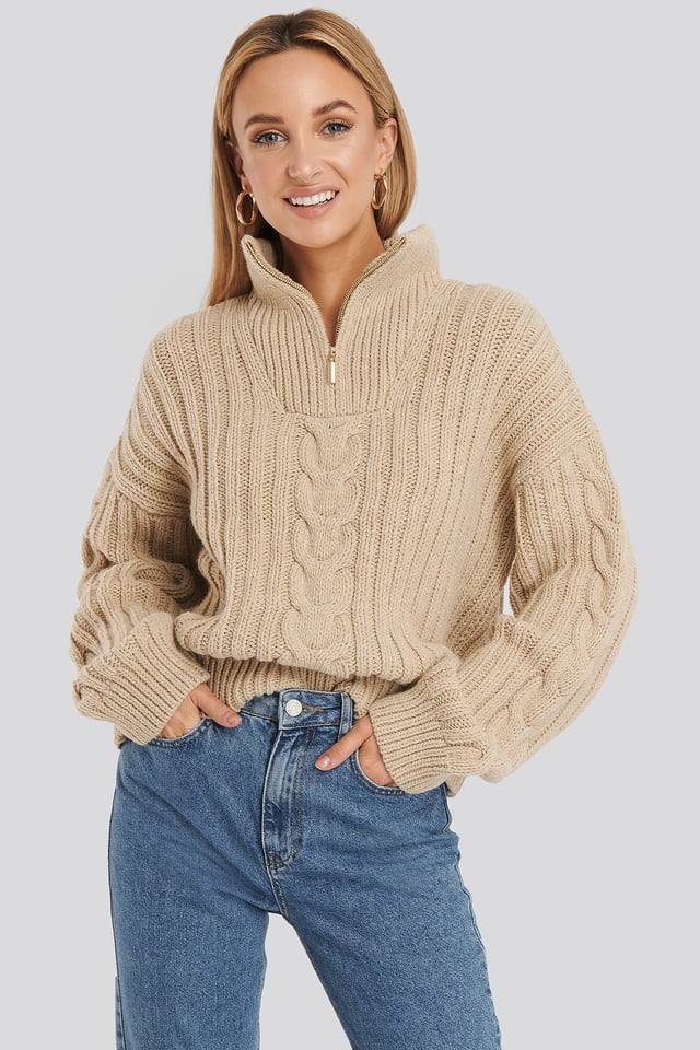 Wool Blend Half Zip Cable Sweater Beige