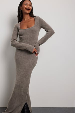 Grey Wool Blend Knitted Maxi Dress