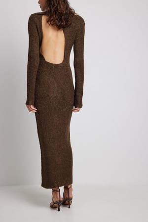 Brown Wool Blend Knitted Open Back Maxi Dress