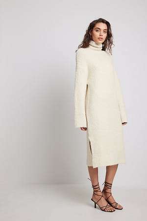 Offwhite Wool Blend Knitted Turtle Neck Midi Dress