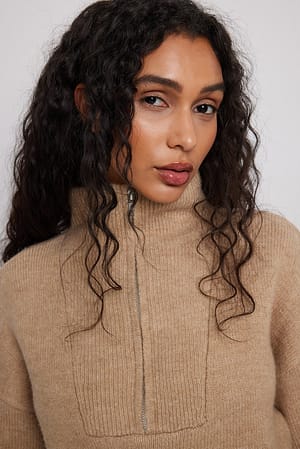 Sand Beige Knitted Zip Up Sweater