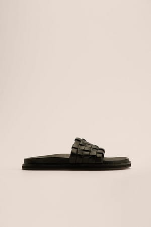 Black Woven Upper Leather Slippers