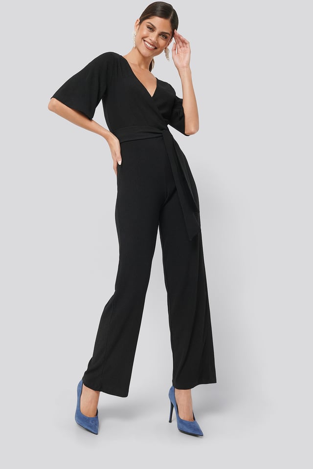 Wrap Front Jersey Jumpsuit Black