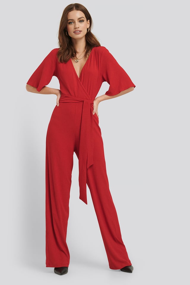 Wrap Front Jersey Jumpsuit Red