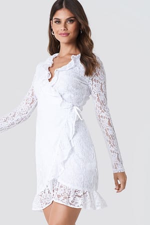 White Koronkowa sukienka z kopertowym przodem
