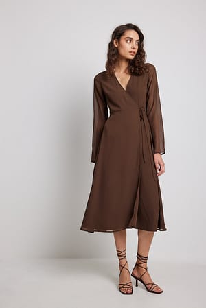 Brown Wrap Long Sleeve Midi Dress