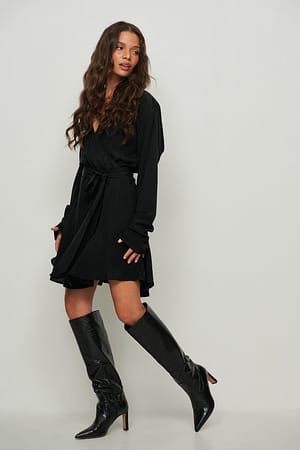 Black Krótka sukienka kopertowa z długim rękawem