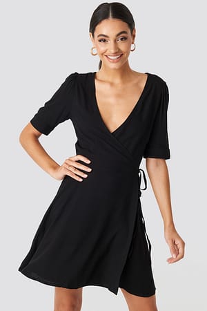 Deep Black NA-KD Wrap Puff Sleeve Mini Dress