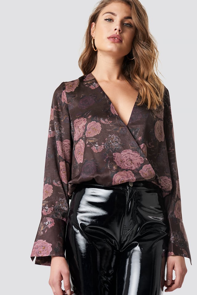 Wrap Satin Top Brown/Pink Flowers