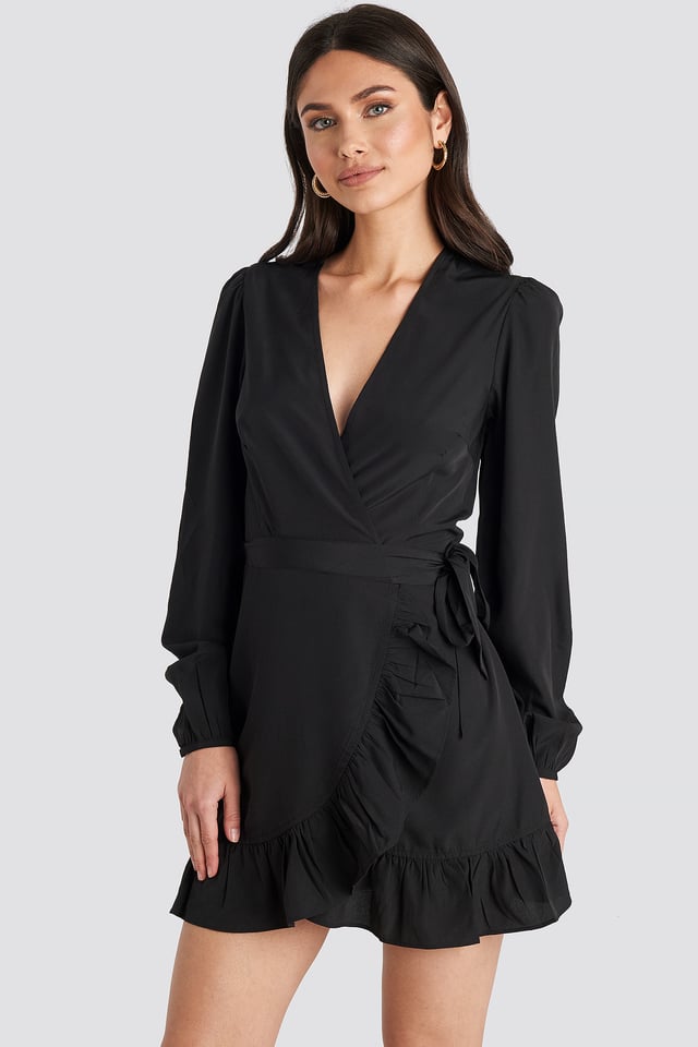 Wrapped Flounce Mini Dress Black
