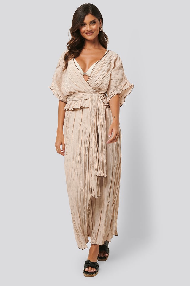 Wrinkle Effect Maxi Kaftan Beige