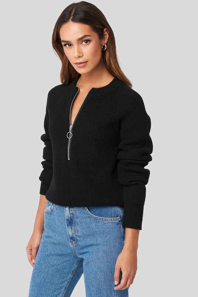 Zipper Front Knitted Sweater Black